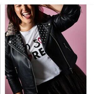 NWT Torrd x Betsey Johnson Leopard Trimmed and Studded Faux Leather Jacket